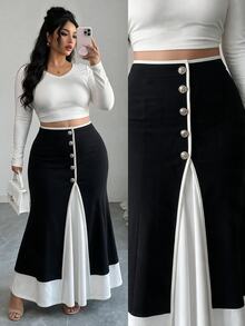 Elenzga تنورة نسائية جديدة بمقاسات كبيرة بتصميم أنيق وعصري للعمل اليومي، بألوان متباينة وتفاصيل مرقعة وقصة غير متماثلة، ذات تأثير تنحيفي، مناسبة لفصلي الربيع والخريف - أبيض وأسود - مشاهدة 1