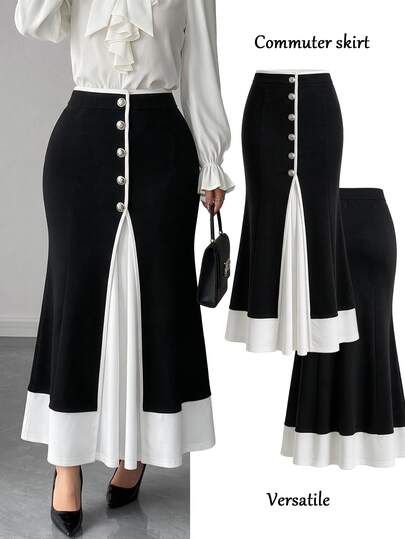 Elenzga Ny elegant modekjol för kvinnor i plus size, färgblockig patchwork, asymmetrisk, smickrande, för pendling, vår och höst