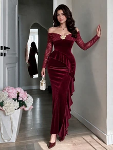 Modelyn Wine Ruffle Mermaid Evening Gown, Sheer Lace Long Sleeve Floral Asymmetrical Ruffle Hem Dress - Burgundy - View 2