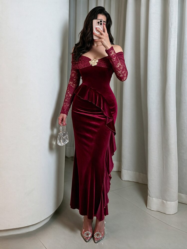Modelyn Wine Ruffle Mermaid Evening Gown, Sheer Lace Long Sleeve Floral Asymmetrical Ruffle Hem Dress - Burgundy - View 5