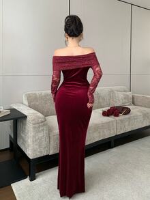 Modelyn Wine Ruffle Mermaid Evening Gown, Sheer Lace Long Sleeve Floral Asymmetrical Ruffle Hem Dress - Burgundy - View 5
