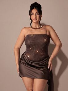SHEIN BAE CURVE Gaun Pesta Wanita Ukuran Besar dengan Hiasan Berlian Imitasi, Gaun Halloween, Gaun Koktail, Gaun Mini Elegan Satin Patchwork Tanpa Tali dengan Hiasan Berlian Imitasi Warna Polos untuk Musim Gugur/Dingin - Coklat - View 6