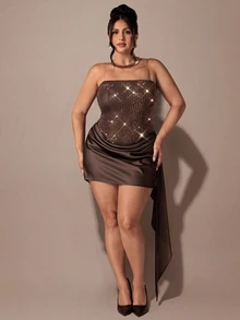 SHEIN BAE CURVE Gaun Pesta Wanita Ukuran Besar dengan Hiasan Berlian Imitasi, Gaun Halloween, Gaun Koktail, Gaun Mini Elegan Satin Patchwork Tanpa Tali dengan Hiasan Berlian Imitasi Warna Polos untuk Musim Gugur/Dingin - Coklat - View 1