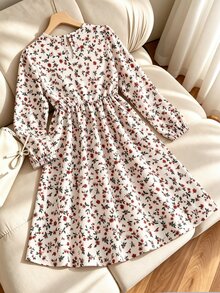 SHEIN 女童休閒家庭套裝可愛時尚鄉村風圓領套頭上衣，長袖收腰裙，適合拍照、感恩節、秋季 - 棕色 - 查看 2