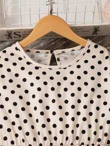 SHEIN 少女黑色波點長袖洋裝，復古可愛 80 年代彈性高腰 A 字中長裙，秋季學院風鄉村風穿搭校服 - 卡其色 - 查看 4