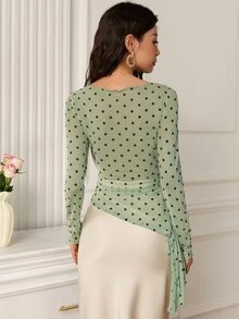 EastFlair Women Green Polka Dot Mesh Long Sleeve Top, Off Shoulder Ruched Waist Asymmetric Ruffle Hem Sheer Slim Fit Mesh Blouse - Mint Green - View 7