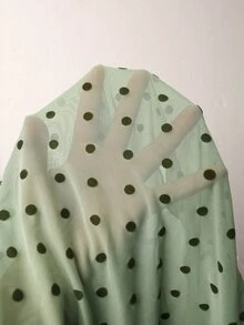 EastFlair Women Green Polka Dot Mesh Long Sleeve Top, Off Shoulder Ruched Waist Asymmetric Ruffle Hem Sheer Slim Fit Mesh Blouse - Mint Green - View 9