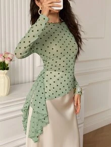 EastFlair Women Green Polka Dot Mesh Long Sleeve Top, Off Shoulder Ruched Waist Asymmetric Ruffle Hem Sheer Slim Fit Mesh Blouse - Mint Green - View 2
