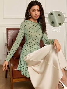 EastFlair Women Green Polka Dot Mesh Long Sleeve Top, Off Shoulder Ruched Waist Asymmetric Ruffle Hem Sheer Slim Fit Mesh Blouse - Mint Green - View 3
