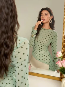 EastFlair Women Green Polka Dot Mesh Long Sleeve Top, Off Shoulder Ruched Waist Asymmetric Ruffle Hem Sheer Slim Fit Mesh Blouse - Mint Green - View 6