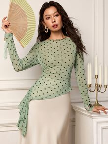 EastFlair Women Green Polka Dot Mesh Long Sleeve Top, Off Shoulder Ruched Waist Asymmetric Ruffle Hem Sheer Slim Fit Mesh Blouse - Mint Green - View 5