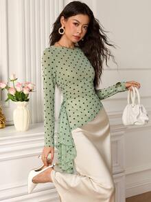 EastFlair Women Green Polka Dot Mesh Long Sleeve Top, Off Shoulder Ruched Waist Asymmetric Ruffle Hem Sheer Slim Fit Mesh Blouse - Mint Green - View 8