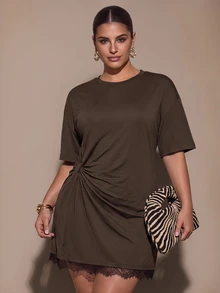 SHEIN BAE CURVE Plus Size Women's Round Neck Short Sleeve Pleated Contrast Lace Elegant Dress, Luxury, Weddings Cocktail Party Date Night Halloween Dark Green Summer - Brown - View 8