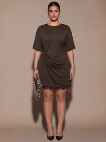 SHEIN BAE CURVE Plus Size Women's Round Neck Short Sleeve Pleated Contrast Lace Elegant Dress, Luxury, Weddings Cocktail Party Date Night Halloween Dark Green Summer - Brown - View 7