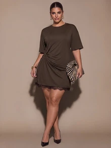 SHEIN BAE CURVE Plus Size Women's Round Neck Short Sleeve Pleated Contrast Lace Elegant Dress, Luxury, Weddings Cocktail Party Date Night Halloween Dark Green Summer - Brown - View 3
