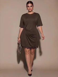 SHEIN BAE CURVE Plus Size Women's Round Neck Short Sleeve Pleated Contrast Lace Elegant Dress, Luxury, Weddings Cocktail Party Date Night Halloween Dark Green Summer - Brown - View 5