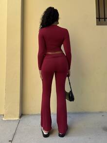 Alexandranx 2pcs Women Casual Commuting Minimalist Solid Color Long Sleeve Cropped T-Shirt And Flare Pants Set, Spring/Autumn - Burgundy - View 2