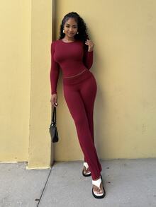 Alexandranx 2pcs Women Casual Commuting Minimalist Solid Color Long Sleeve Cropped T-Shirt And Flare Pants Set, Spring/Autumn - Burgundy - View 4