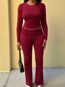 Alexandranx 2pcs Women Casual Commuting Minimalist Solid Color Long Sleeve Cropped T-Shirt And Flare Pants Set, Spring/Autumn - Burgundy - View 6
