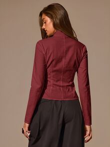 Athîral 女款休閒時尚新中式風格東方元素盤扣立領純色長袖襯衫，適合日常穿著、約會與聚會 - 酒紅色 - 查看 2