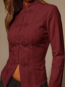 Athîral 女款休閒時尚新中式風格東方元素盤扣立領純色長袖襯衫，適合日常穿著、約會與聚會 - 酒紅色 - 查看 6