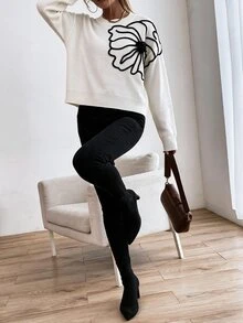 Breezaya 女款運動休閒白色圓領套頭毛衣，誇張3D刺繡花卉設計，學院風 - 卡其色 - 查看 3