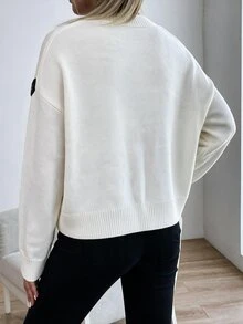 Breezaya 女款運動休閒白色圓領套頭毛衣，誇張3D刺繡花卉設計，學院風 - 卡其色 - 查看 2