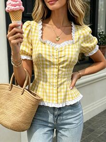 SHEIN PariChic Fresh White And Yellow Plaid Square Neck Puff Short Sleeve Blouse With Frill Trim Brunch Picnic Summer Cute - Yellow - View 1
