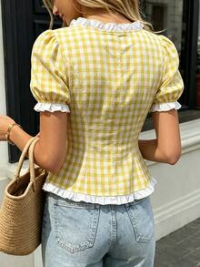SHEIN PariChic Fresh White And Yellow Plaid Square Neck Puff Short Sleeve Blouse With Frill Trim Brunch Picnic Summer Cute - Yellow - View 2
