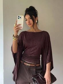 Aloruh Women's Elegant Batwing Sleeves Round Neck Long Sleeve Top,Elegant Women's Blouses,Cowgirl Outfits For Women ,Going Out Tops,Going Out - Multicolor - View 2