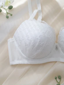 DelicateAllure White Underwire Molded Cup High Support Comfy Balconette Push Up Embroidered Pure Elegant Plus Size Bra - White - View 3