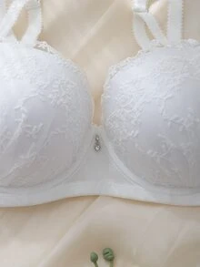 DelicateAllure White Underwire Molded Cup High Support Comfy Balconette Push Up Embroidered Pure Elegant Plus Size Bra - White - View 4