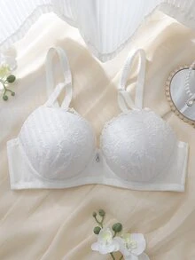 DelicateAllure White Underwire Molded Cup High Support Comfy Balconette Push Up Embroidered Pure Elegant Plus Size Bra - White - View 1