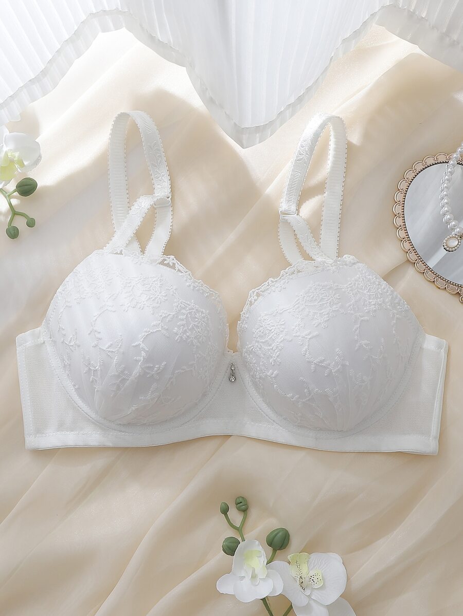 DelicateAllure White Underwire Molded Cup High Support Comfy Balconette Push Up Embroidered Pure Elegant Plus Size Bra - White - View 1