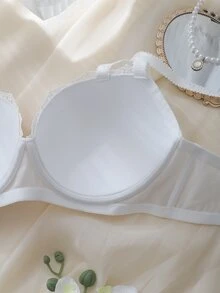 DelicateAllure White Underwire Molded Cup High Support Comfy Balconette Push Up Embroidered Pure Elegant Plus Size Bra - White - View 6