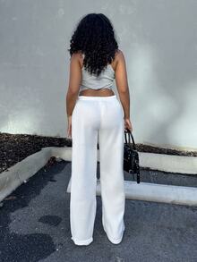 Alexandranx 白色女士休闲宽松前系带运动裤，适合日常穿着和返校季、秋冬季 - 白色 - 查看 3