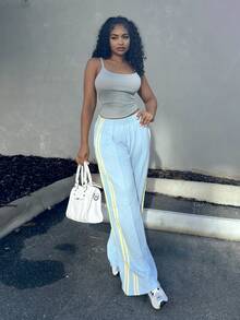Alexandranx Women's Casual Colorblock Striped Wide Leg Sweatpants, Suitable For Spring, Summer, Autumn, Blue Wide Leg Pants - Blue - View 4