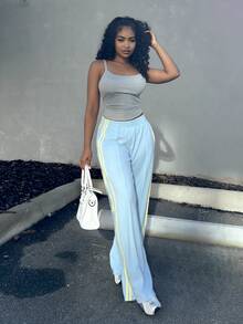 Alexandranx Women's Casual Colorblock Striped Wide Leg Sweatpants, Suitable For Spring, Summer, Autumn, Blue Wide Leg Pants - Blue - View 5