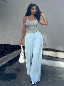 Alexandranx Women's Casual Colorblock Striped Wide Leg Sweatpants, Suitable For Spring, Summer, Autumn, Blue Wide Leg Pants - Blue - View 3