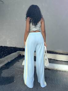 Alexandranx Women's Casual Colorblock Striped Wide Leg Sweatpants, Suitable For Spring, Summer, Autumn, Blue Wide Leg Pants - Blue - View 2