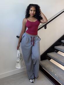 Alexandranx Women's Retro Burgundy Winter Casual Lounge Trousers,Loose Slim Straight Sweatpants,Pants With Contrast Color Lace Trim,Spring Autumn Lounge - Multicolor - View 4