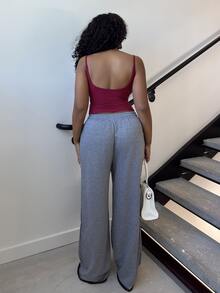 Alexandranx Women's Retro Burgundy Winter Casual Lounge Trousers,Loose Slim Straight Sweatpants,Pants With Contrast Color Lace Trim,Spring Autumn Lounge - Multicolor - View 2