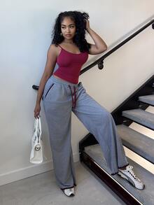 Alexandranx Women's Retro Burgundy Winter Casual Lounge Trousers,Loose Slim Straight Sweatpants,Pants With Contrast Color Lace Trim,Spring Autumn Lounge - Multicolor - View 5