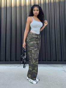 Alexandranx Women's Green Camo Winter Punk Wide Leg Pants, Camouflage Drawstring Waist Straight Leg Cargo Long Loose Casual Daily Wear Date Trousers - Army Green - View 5