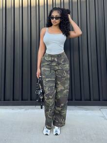 Alexandranx Women's Green Camo Winter Punk Wide Leg Pants, Camouflage Drawstring Waist Straight Leg Cargo Long Loose Casual Daily Wear Date Trousers - Army Green - View 1