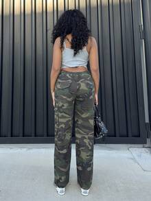 Alexandranx Women's Green Camo Winter Punk Wide Leg Pants, Camouflage Drawstring Waist Straight Leg Cargo Long Loose Casual Daily Wear Date Trousers - Army Green - View 2