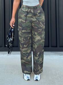 Alexandranx Women's Green Camo Winter Punk Wide Leg Pants, Camouflage Drawstring Waist Straight Leg Cargo Long Loose Casual Daily Wear Date Trousers - Army Green - View 6
