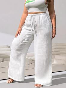 Solflare Pantalones anchos de pierna ancha con cordón y bolsillos casuales blancos para mujer de talla grande, para vacaciones en la playa, brunch, primavera y verano - Blanco - Ver 5