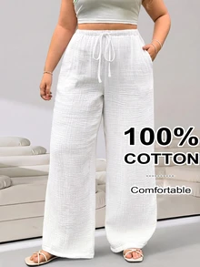 Solflare Pantalones anchos de pierna ancha con cordón y bolsillos casuales blancos para mujer de talla grande, para vacaciones en la playa, brunch, primavera y verano - Blanco - Ver 2