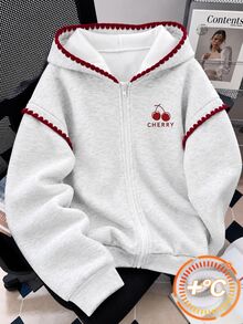 SHEIN Sparklyn 秋冬女童連帽拉鍊外套－街頭風混搭，保暖針織面料，適合秋冬穿著，微寬鬆版型留有成長空間，完美適配校園與街頭穿搭，瞬間變身活力女孩！ - 白色 - 查看 8
